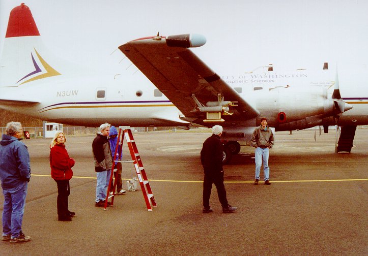 Examining possible lightning damage on Convair-580 at Hoquiam Airport.jpg